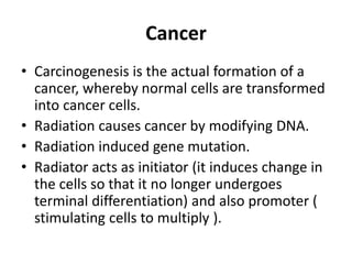 Cancer
• Carcinogenesis is the actual formation of a
cancer, whereby normal cells are transformed
into cancer cells.
• Radiation causes cancer by modifying DNA.
• Radiation induced gene mutation.
• Radiator acts as initiator (it induces change in
the cells so that it no longer undergoes
terminal differentiation) and also promoter (
stimulating cells to multiply ).
 