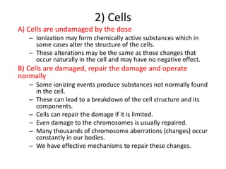 2) Cells
A) Cells are undamaged by the dose
– Ionization may form chemically active substances which in
some cases alter the structure of the cells.
– These alterations may be the same as those changes that
occur naturally in the cell and may have no negative effect.
B) Cells are damaged, repair the damage and operate
normally
– Some ionizing events produce substances not normally found
in the cell.
– These can lead to a breakdown of the cell structure and its
components.
– Cells can repair the damage if it is limited.
– Even damage to the chromosomes is usually repaired.
– Many thousands of chromosome aberrations (changes) occur
constantly in our bodies.
– We have effective mechanisms to repair these changes.
 