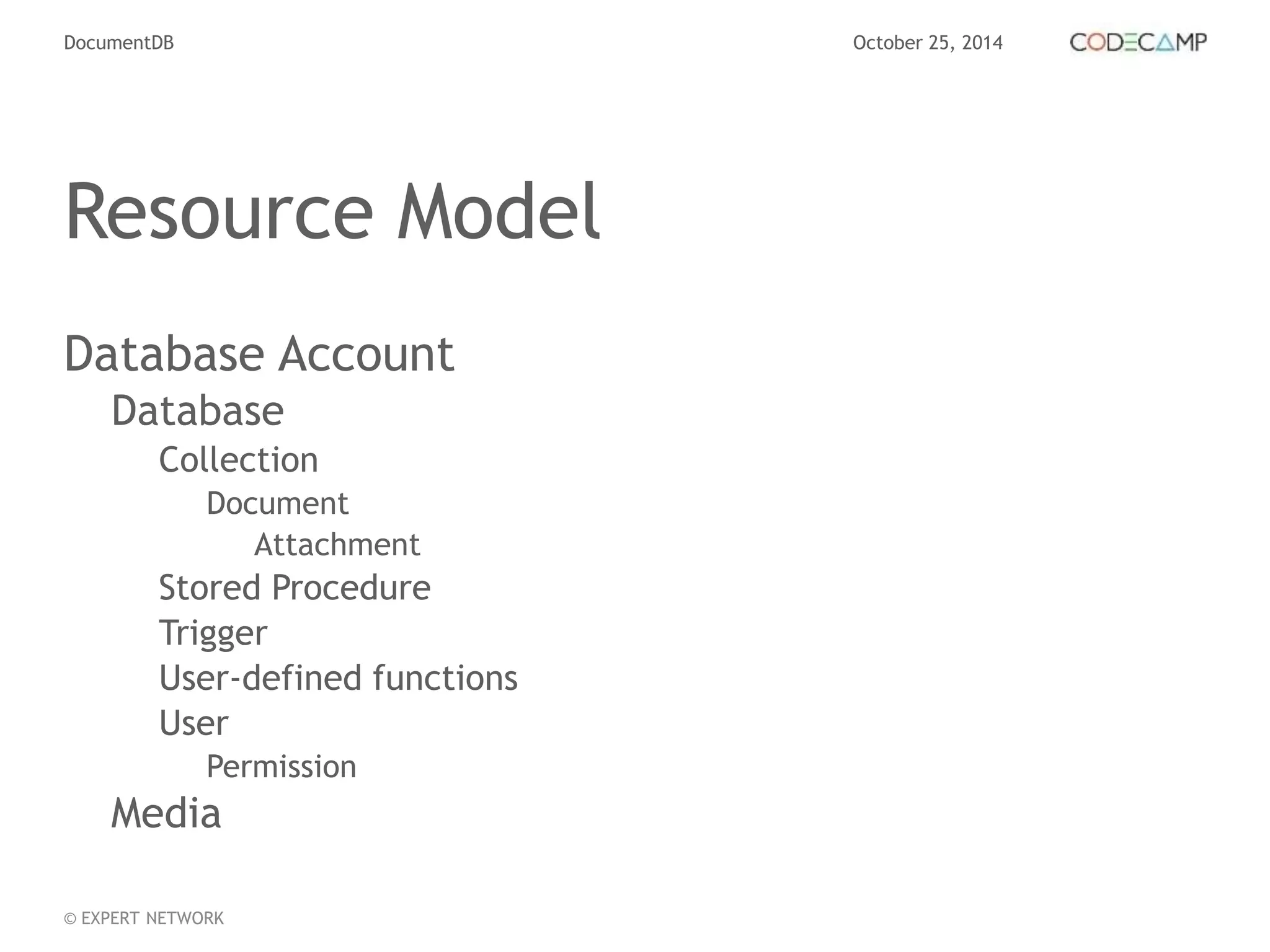 DocumentDB October 25, 2014 
Resource Model 
Database Account 
Database 
Collection 
Document 
© EXPERT NETWORK 
Attachment 
Stored Procedure 
Trigger 
User-defined functions 
User 
Permission 
Media 
 