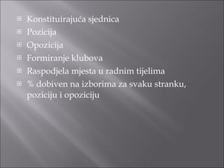 Konstituirajuća sjednica Pozicija Opozicija Formiranje klubova Raspodjela mjesta u radnim tijelima % dobiven na izborima za svaku stranku, poziciju i opoziciju 