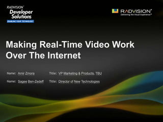 Name: Title:
Name: Title:
Making Real-Time Video Work
Over The Internet
Amir Zmora
Sagee Ben-Zedeff Director of New Technologies
VP Marketing & Products, TBU
 