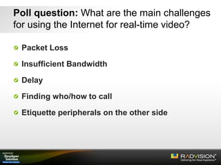 Poll question: What are the main challenges
for using the Internet for real-time video?
Packet Loss
Insufficient Bandwidth
Delay
Finding who/how to call
Etiquette peripherals on the other side
 