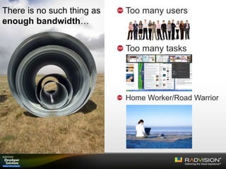 Too many users
Too many tasks
Home Worker/Road Warrior
There is no such thing as
enough bandwidth…
 
