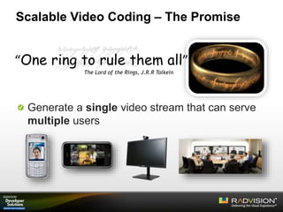 Scalable Video Coding – The Promise
Generate a single video stream that can serve
multiple users
“One ring to rule them all”
The Lord of the Rings, J.R.R Tolkein
 