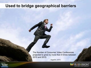 Used to bridge geographical barriers
The Number of Consumer Video Conferences
projected to grow by more than 8 times between
2010 and 2015.
- GigaOm, 2010
 