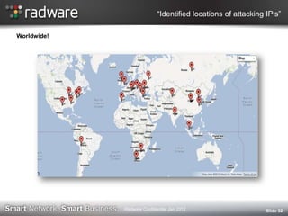 “Identified locations of attacking IP‟s”
Slide 32
Worldwide!
Radware Confidential Jan 2012
 