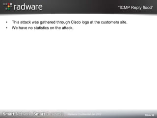 “ICMP Reply flood”
• This attack was gathered through Cisco logs at the customers site.
• We have no statistics on the attack.
Slide 36Radware Confidential Jan 2012
 