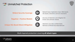 Multi-layered protection covering all attack types
Unmatched Protection
12
Widest Security Coverage
Unique SSL-Based Attack Mitigation
Negative + Positive Models
Network-layer, Application-layer, Web-based,
SSL-based, volumetric and non-volumetric
Maintains user data confidentiality
Removes certificate key dependencies
Accuracy of detection and mitigation for
known and unknown attacks
 