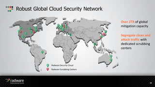 Robust Global Cloud Security Network
Segregate clean and
attack traffic with
dedicated scrubbing
centers
Over 2TB of global
mitigation capacity
16
Radware Scrubbing Centers
Radware Security Cloud
 