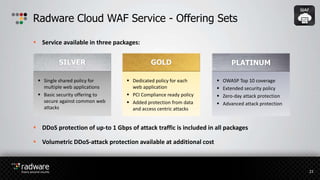 Radware Cloud WAF Service - Offering Sets
23
GOLD
 Dedicated policy for each
web application
 PCI Compliance ready policy
 Added protection from data
and access centric attacks
SILVER
 Single shared policy for
multiple web applications
 Basic security offering to
secure against common web
attacks
PLATINUM
 OWASP Top 10 coverage
 Extended security policy
 Zero-day attack protection
 Advanced attack protection
 Service available in three packages:
 DDoS protection of up-to 1 Gbps of attack traffic is included in all packages
 Volumetric DDoS-attack protection available at additional cost
 