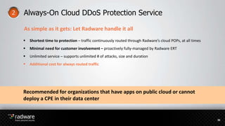 Always-On Cloud DDoS Protection Service
Recommended for organizations that have apps on public cloud or cannot
deploy a CPE in their data center
 Shortest time to protection – traffic continuously routed through Radware’s cloud POPs, at all times
 Minimal need for customer involvement – proactively fully-managed by Radware ERT
 Unlimited service – supports unlimited # of attacks, size and duration
 Additional cost for always routed traffic
As simple as it gets: Let Radware handle it all
36
 