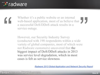 Whether it’s a public website or an internal web-based application, most of us believe that a successful DoS/DDoS attack results in a service outage. 
However, our Security Industry Survey (conducted with 198 respondents within a wide variety of global companies, most of which were not Radware customers) uncovered that the biggest impact of DoS/DDoS attacks in 2013 was service level degradation, which in most cases is felt as service slowness. 
Slide 29 
Radware 2013 Global Application and Network Security Report 
“ 
”  