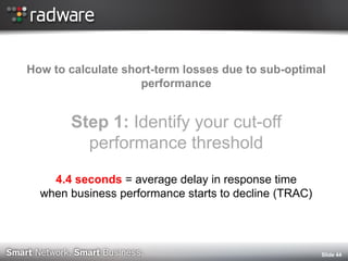 How to calculate short-term losses due to sub-optimal performance 
Step 1: Identify your cut-off performance threshold 
4.4 seconds = average delay in response time when business performance starts to decline (TRAC) 
Slide 44  