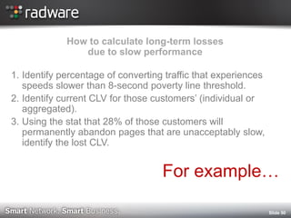 How to calculate long-term losses due to slow performance 
1.Identify percentage of converting traffic that experiences speeds slower than 8-second poverty line threshold. 
2.Identify current CLV for those customers’ (individual or aggregated). 
3.Using the stat that 28% of those customers will permanently abandon pages that are unacceptably slow, identify the lost CLV. 
For example… 
Slide 50  
