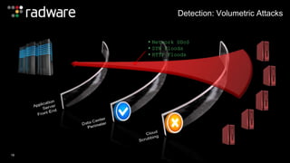 Detection: Volumetric Attacks 
• Network DDoS 
• SYN Floods 
• HTTP Floods 
16 
 