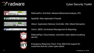 Cyber Security Toolkit 
DefensePro: Anti-DoS, Network Behavioral Analysis, IPS 
AppWall: Web Application Firewall 
Alteon: Application Delivery Controller, SSL Attack Decryption 
Vision: SIEM, Centralized Management & Reporting 
DefensePipe: Cloud-based, volumetric cyber attack scrubbing 
service 
Emergency Response Team: Free 365x7x24 support for 
customers that are under cyber-attack 
27 © Radware, Inc. 2014 
 