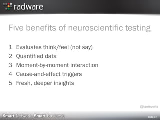 Five benefits of neuroscientific testing
1 Evaluates think/feel (not say)
2 Quantified data
3 Moment-by-moment interaction
4 Cause-and-effect triggers
5 Fresh, deeper insights
Slide 31
@tameverts
 