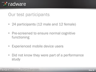 Our test participants
• 24 participants (12 male and 12 female)
• Pre-screened to ensure normal cognitive
functioning
• Experienced mobile device users
• Did not know they were part of a performance
study
Slide 36
 