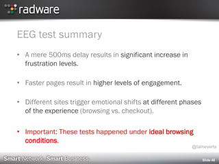 EEG test summary
• A mere 500ms delay results in significant increase in
frustration levels.
• Faster pages result in higher levels of engagement.
• Different sites trigger emotional shifts at different phases
of the experience (browsing vs. checkout).
• Important: These tests happened under ideal browsing
conditions.
Slide 48
@tameverts
 