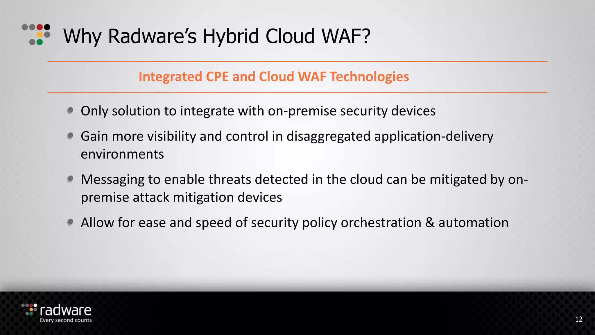 Only solution to integrate with on-premise security devices
Gain more visibility and control in disaggregated application-delivery
environments
Messaging to enable threats detected in the cloud can be mitigated by on-
premise attack mitigation devices
Allow for ease and speed of security policy orchestration & automation
Why Radware’s Hybrid Cloud WAF?
Integrated CPE and Cloud WAF Technologies
12
 