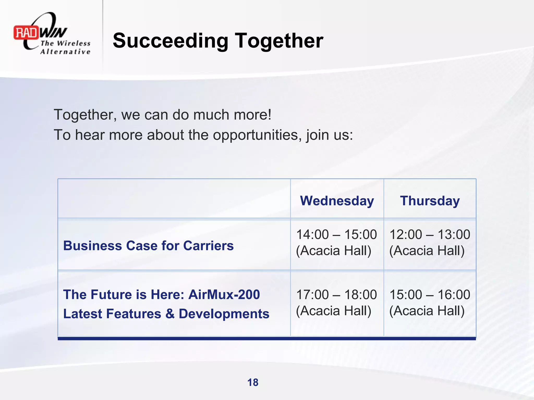 Succeeding Together


Together, we can do much more!
To hear more about the opportunities, join us:



                                     Wednesday       Thursday

                                     14:00 – 15:00 12:00 – 13:00
 Business Case for Carriers          (Acacia Hall) (Acacia Hall)


 The Future is Here: AirMux-200      17:00 – 18:00 15:00 – 16:00
 Latest Features & Developments      (Acacia Hall) (Acacia Hall)




                              18
 