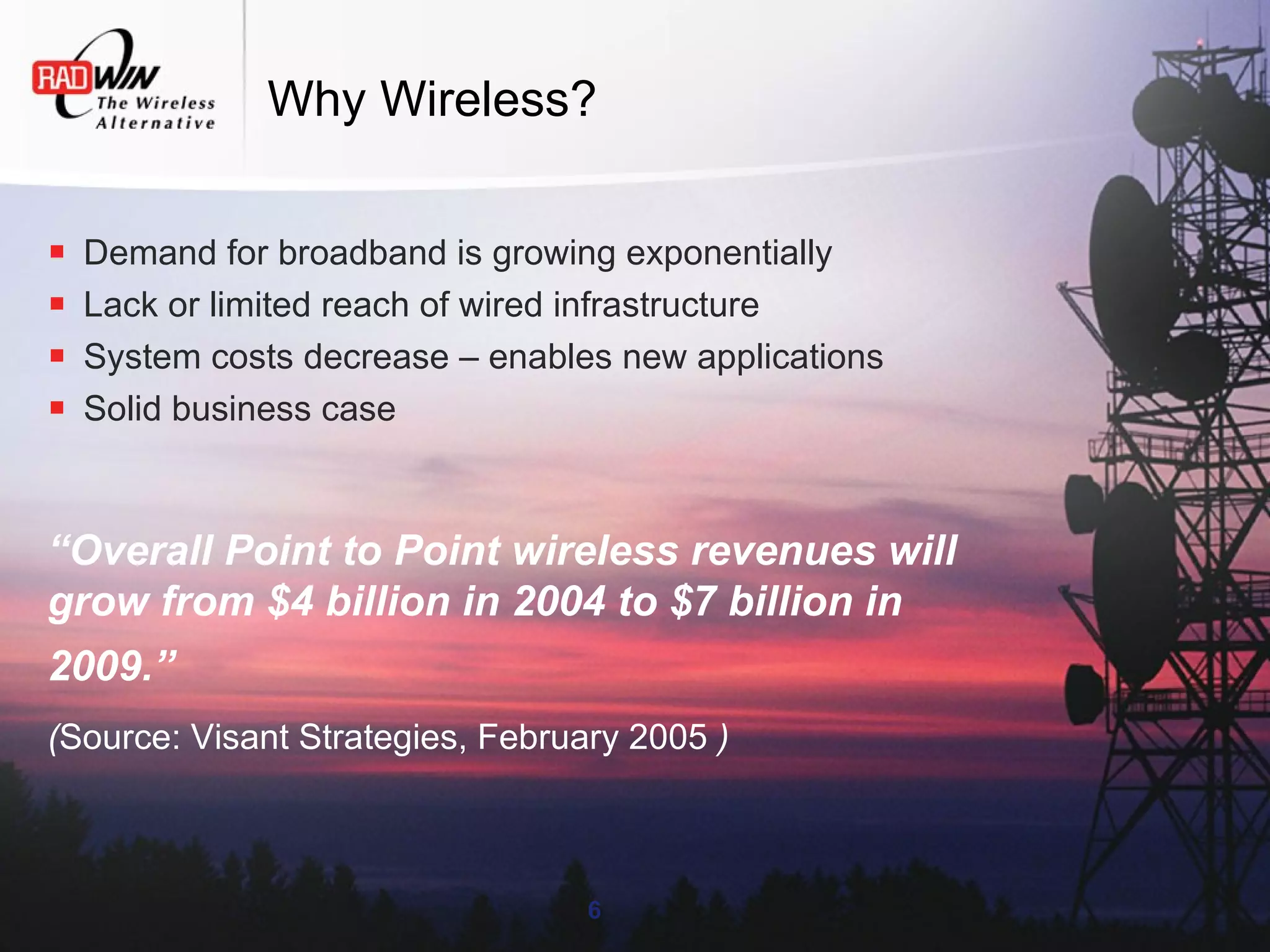 Why Wireless?


   Demand for broadband is growing exponentially
   Lack or limited reach of wired infrastructure
   System costs decrease – enables new applications
   Solid business case



“Overall Point to Point wireless revenues will
grow from $4 billion in 2004 to $7 billion in
2009.”
(Source: Visant Strategies, February 2005 )



                                  6
 
