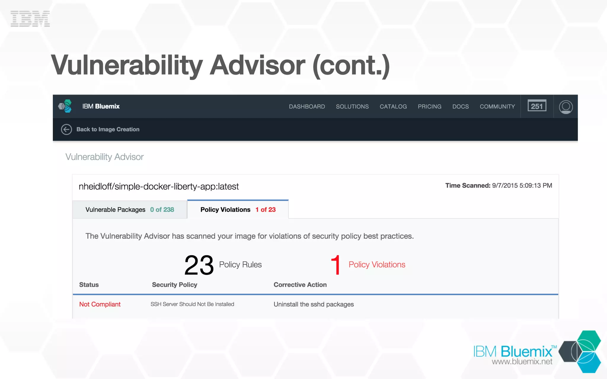 Vulnerability Advisor (cont.)!
 