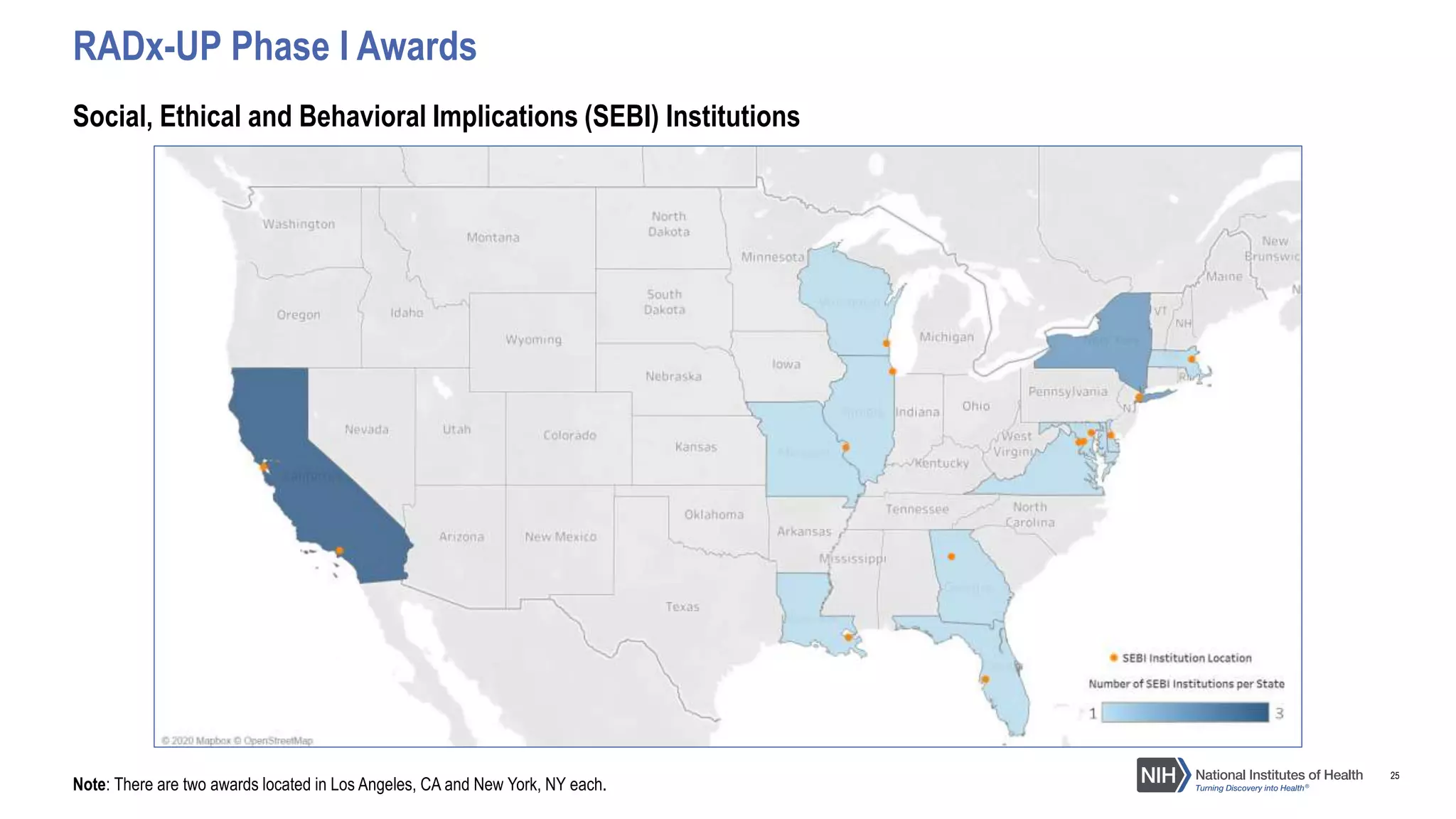 25
Social, Ethical and Behavioral Implications (SEBI) Institutions
RADx-UP Phase I Awards
Note: There are two awards located in Los Angeles, CA and New York, NY each.
 