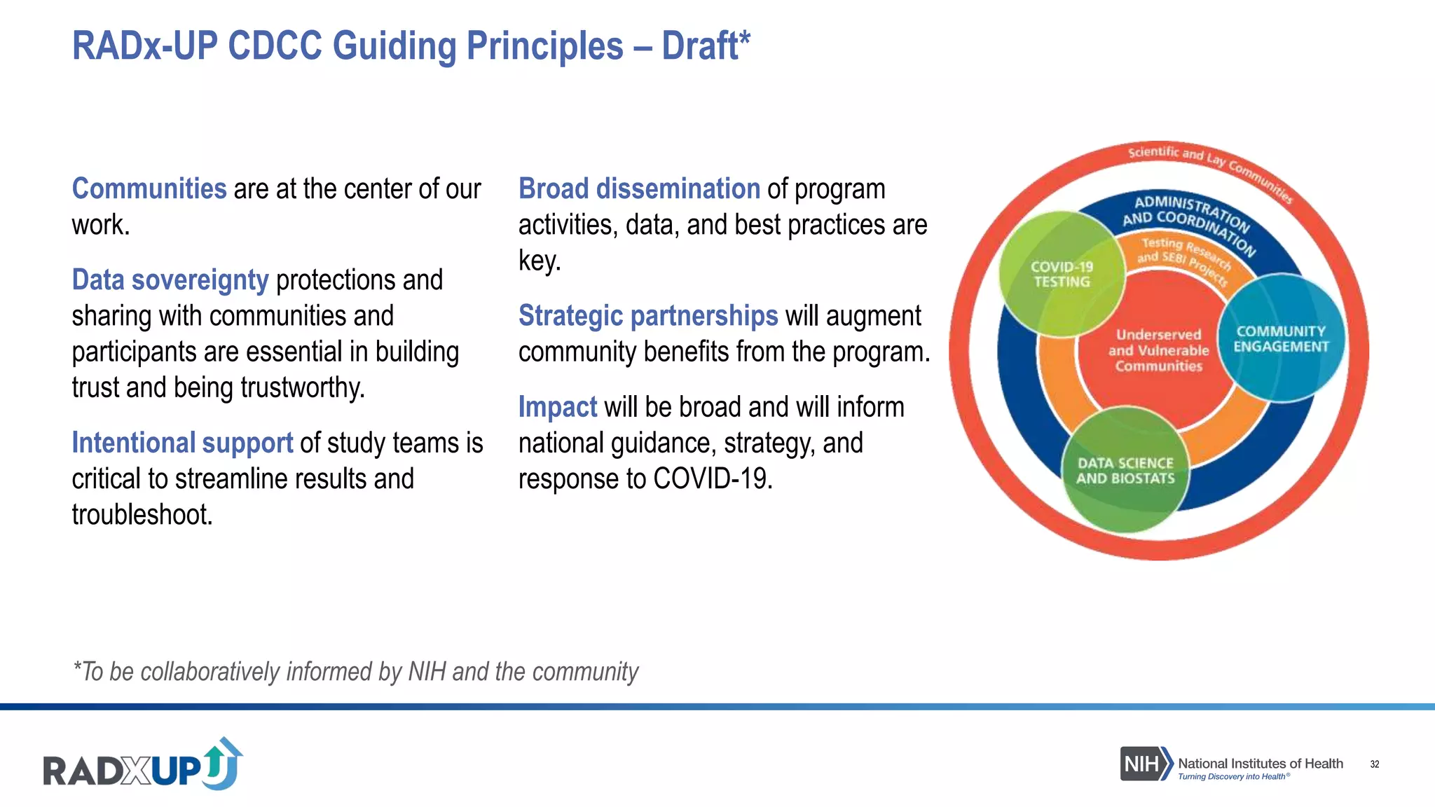32
Communities are at the center of our
work.
Data sovereignty protections and
sharing with communities and
participants are essential in building
trust and being trustworthy.
Intentional support of study teams is
critical to streamline results and
troubleshoot.
Broad dissemination of program
activities, data, and best practices are
key.
Strategic partnerships will augment
community benefits from the program.
Impact will be broad and will inform
national guidance, strategy, and
response to COVID-19.
*To be collaboratively informed by NIH and the community
RADx-UP CDCC Guiding Principles – Draft*
 