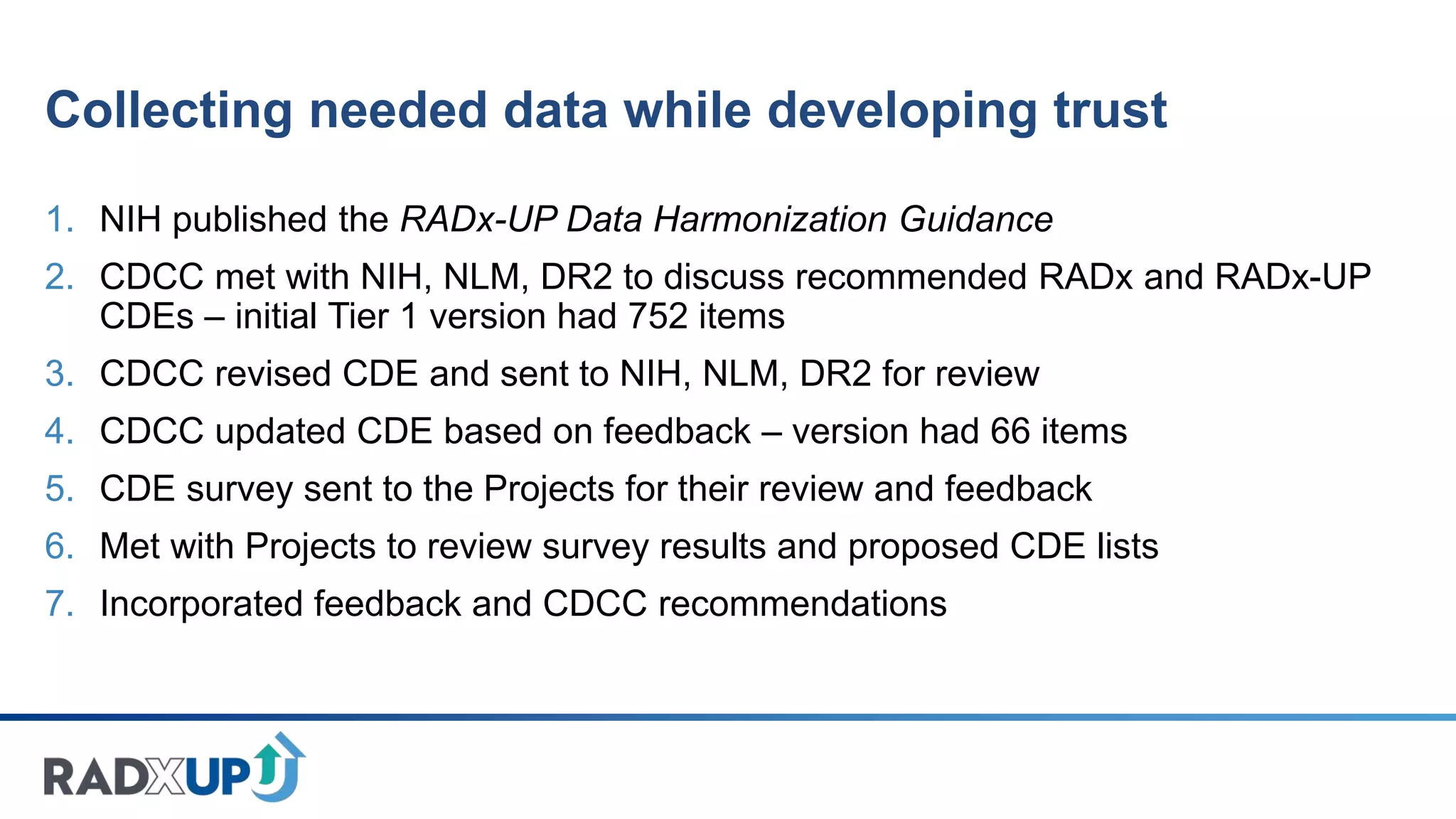 Collecting needed data while developing trust
1. NIH published the RADx-UP Data Harmonization Guidance
2. CDCC met with NIH, NLM, DR2 to discuss recommended RADx and RADx-UP
CDEs – initial Tier 1 version had 752 items
3. CDCC revised CDE and sent to NIH, NLM, DR2 for review
4. CDCC updated CDE based on feedback – version had 66 items
5. CDE survey sent to the Projects for their review and feedback
6. Met with Projects to review survey results and proposed CDE lists
7. Incorporated feedback and CDCC recommendations
 