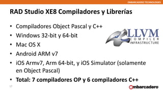 EMBARCADERO TECHNOLOGIES
RAD Studio XE8 Compiladores y Librerías
• Compiladores Object Pascal y C++
• Windows 32-bit y 64-...
