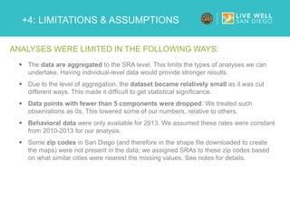 +4: LIMITATIONS & ASSUMPTIONS
ANALYSES WERE LIMITED IN THE FOLLOWING WAYS:
 The data are aggregated to the SRA level. This limits the types of analyses we can
undertake. Having individual-level data would provide stronger results.
 Due to the level of aggregation, the dataset became relatively small as it was cut
different ways. This made it difficult to get statistical significance.
 Data points with fewer than 5 components were dropped. We treated such
observations as 0s. This lowered some of our numbers, relative to others.
 Behavioral data were only available for 2013. We assumed these rates were constant
from 2010-2013 for our analysis.
 Some zip codes in San Diego (and therefore in the shape file downloaded to create
the maps) were not present in the data; we assigned SRAs to these zip codes based
on what similar cities were nearest the missing values. See notes for details.
 