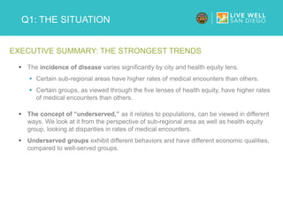 Q1: THE SITUATION
EXECUTIVE SUMMARY: THE STRONGEST TRENDS
 The incidence of disease varies significantly by city and health equity lens.
 Certain sub-regional areas have higher rates of medical encounters than others.
 Certain groups, as viewed through the five lenses of health equity, have higher rates
of medical encounters than others.
 The concept of “underserved,” as it relates to populations, can be viewed in different
ways. We look at it from the perspective of sub-regional area as well as health equity
group, looking at disparities in rates of medical encounters.
 Underserved groups exhibit different behaviors and have different economic qualities,
compared to well-served groups.
 
