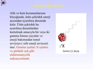 γ  - Gamma Bozunumu Alfa ve beta bozunumlarının birçoğunda, ürün çekirdek enerji açısından uyarılmış durumda kalır. Ürün çekirdek bu uyarılmış durumlardan kurtulmak amacıyla bir veya iki gamma fotonu yayınlar ve  enerji bakımından temel seviyeye ( sıfır enerji seviyesi) iner.  Gamma ışınları X-ışınları ve görünür ışık gibi elektromanyetik radyasyonlardır.   