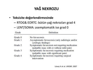 YAĞ NEKROZU

• Toksisite değerlendirmesinde
   – RTOG& EORTC: bütün yağ nekrozları grad 4
   – LENT/SOMA: asemptomatik ise grad 0




                               Lövey K et al. IJROBP, 2007
 