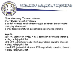 Skala stresu wg. Thomasa Holmesa
Statystyczny efekt stresorów
Z badań Holmesa wynika interesująca zależność statystyczna
pomiędzy stresorami,
a prawdopodobieństwem zapadnięcia na poważną chorobę.
Wyniki:
150-199 jednostek stresu = 37% zagrożenie poważną chorobą
w ciągu kolejnych 2 lat
200-299 jednostek stresu = 51% zagrożenie poważną chorobą
w ciągu kolejnych 2 lat
ponad 300 jednostek stresu = 79% zagrożenie poważną chorobą
w ciągu kolejnych 2 lat
 