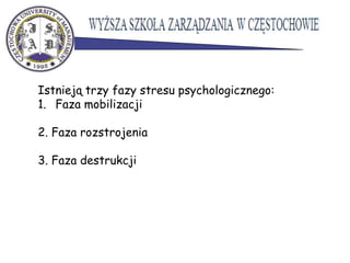 Istnieją trzy fazy stresu psychologicznego:
1. Faza mobilizacji
2. Faza rozstrojenia
3. Faza destrukcji
 