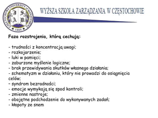 Faza rozstrojenia, którą cechują:
- trudności z koncentracją uwagi;
- rozkojarzenie;
- luki w pamięci;
- zaburzone myślenie logiczne;
- brak przewidywania skutków własnego działania;
- schematyzm w działaniu, który nie prowadzi do osiągnięcia
celów;
– syndrom bezradności;
- emocje wymykają się spod kontroli;
- zmienne nastroje;
- obojętne podchodzenie do wykonywanych zadań;
- kłopoty ze snem
 