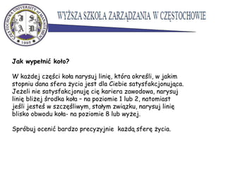 Jak wypełnić koło?
W każdej części koła narysuj linię, która określi, w jakim
stopniu dana sfera życia jest dla Ciebie satysfakcjonująca.
Jeżeli nie satysfakcjonuję cię kariera zawodowa, narysuj
linię bliżej środka koła – na poziomie 1 lub 2, natomiast
jeśli jesteś w szczęśliwym, stałym związku, narysuj linię
blisko obwodu koła- na poziomie 8 lub wyżej.
Spróbuj ocenić bardzo precyzyjnie każdą sferę życia.
 
