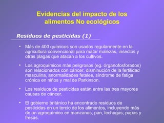 Evidencias del impacto de los alimentos No ecológicos Más de 400 químicos son usados regularmente en la agricultura convencional para matar malezas, insectos y otras plagas que atacan a los cultivos. Los agroquímicos más peligrosos (eg. órganofosforados) son relacionados con cáncer, disminución de la fertilidad masculina, anormalidades fetales, síndrome de fatiga crónica en niños y mal de Parkinson. Los residuos de pesticidas están entre las tres mayores causas de cáncer. El gobierno británico ha encontrado residuos de pesticidas en un tercio de los alimentos, incluyendo más de un agroquímico en manzanas, pan, lechugas, papas y fresas. Residuos de pesticidas (1) 