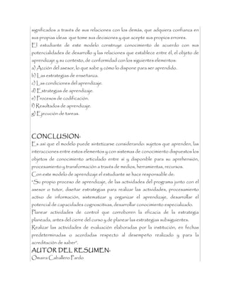 significados a través de sus relaciones con los demás, que adquiera confianza en
sus propias ideas que tome sus decisiones y que acepte sus propios errores.
El estudiante de este modelo construye conocimiento de acuerdo con sus
potencialidades de desarrollo y las relaciones que establece entre él, el objeto de
aprendizaje y su contexto, de conformidad con los siguientes elementos:
a) Acción del asesor, lo que sabe y cómo lo dispone para ser aprendido.
b) Las estrategias de enseñanza.
c) Las condiciones del aprendizaje.
d) Estrategias de aprendizaje.
e) Procesos de codificación.
f) Resultados de aprendizaje.
g) Ejecución de tareas.



CONCLUSION:
Es así que el modelo puede sintetizarse considerando: sujetos que aprenden, las
interacciones entre estos elementos y con sistemas de conocimiento dispuestos los
objetos de conocimiento articulado entre sí y disponible para su aprehensión,
procesamiento y transformación a través de medios, herramientas, recursos.
Con este modelo de aprendizaje el estudiante se hace responsable de:
“Su propio proceso de aprendizaje, de las actividades del programa junto con el
asesor o tutor, diseñar estrategias para realizar las actividades, procesamiento
activo de información, sistematizar y organizar el aprendizaje, desarrollar el
potencial de capacidades cognoscitivas, desarrollar conocimiento especializado.
Planear actividades de control que corroboren la eficacia de la estrategia
planeada, antes del cierre del curso y de planear las estrategias subsiguientes.
Realizar las actividades de evaluación elaboradas por la institución, en fechas
predeterminadas o acordadas respecto al desempeño realizado y para la
acreditación de saber”.
AUTOR DEL RESUMEN:
Omaira Caballero Pardo
 