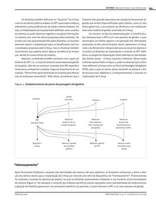 533
ISSN 0034-7590
AUTORES | Marcelo Fornazin | Luiz Antonio Joia
© RAE | São Paulo | V. 55 | n. 5 | set-out 2015 | 527-538
Os Analistas também definiram os “Usuários” do E-Hosp
como os servidores públicos lotados no HPT, quais sejam médicos,
enfermeiros, outros profissionais de saúde e administradores. Ou
seja, os trabalhadores do hospital foram definidos como usuários
do sistema, os quais deveriam registrar e recuperar informações
no sistema, por meio de rotinas propostas pelos Analistas. De
acordo com uma apresentação feita pelos Analistas, os Usuários
deveriam apoiar a implantação para se beneficiarem das fun-
cionalidades propostas pelo E-Hosp, mas os Analistas também
reconheciam que poderia existir alguma resistência às mudan-
ças, devido às novas rotinas do sistema.
Ademais, os Analistas também contavam com o apoio da
Diretoria do HPT, i.e., o corpo de diretores responsável pela gestão
do hospital, além de um assessor nomeado pelo MS especifica-
mente para acompanhar o projeto. Segundo depoimento de um
analista: “Temos forte apoio da direção do hospital para efetuar-
mos as mudanças necessárias”. Além disso, acreditavam que a
Diretoria tinha grande expectativa em relação às ferramentas de
gestão que seriam disponibilizadas pelo sistema, como os rela-
tórios gerenciais, e ao aumento de eficiência a ser viabilizado
pelo novo modelo de gestão associado ao E-Hosp.
Em resumo, na fase de problematização, o Comitê Execu-
tivo desejava levar o HPT a um novo patamar de gestão, o qual
demandava um melhor registro e recuperação das informações
produzidas no dia a dia do hospital. Assim, apresentou o E-Hosp
como uma ferramenta indispensável para alcançar tal objetivo e
incumbiu os Analistas de implantarem o sistema no HPT. Além
disso, no projeto de implantação, foram definidas as identidades
dos demais atores – E-Hosp, Usuários e Diretoria. Desse modo,
conforme apresentado na Figura 3, pode-se observar que os Ana-
listas definiram o E-Hosp como um Ponto de Passagem Obrigatória
(PPO), para o qual os outros atores deveriam se deslocar a fim
de alcançar seus objetivos e, consequentemente, o sucesso na
implantação do E-Hosp.
Figura 3.	Estabelecimento do ponto de passagem obrigatória
Analistas
Comitê
Executivo Diretoria Usuários
Realizar tarefas
de maneira mais
efetiva
Melhorar a gestão
do HPT
Melhorar a gestão
dos hospitais
públicos
Implantar o
E-Hosp
PPO
Sistema E-Hosp
Obstáculo
Ausência de um
modelo de gestão
Obstáculo
Dificuldade em
obter informaçnao
para gestão
Obstáculo
ausência de
ferramentas para
automatizar tarefas
“Interessamento”
Após formularem hipóteses a respeito das identidades dos atores e de seus objetivos, os Analistas começaram a atrair a aten-
ção dos demais atores para a implantação do E-Hosp por meio de uma série de dispositivos de “Interessamento”. Primeiramente,
foi realizada a reunião de abertura do projeto, na qual os Analistas apresentaram à Diretoria e aos Usuários as funcionalidades
do sistema (Figura 2). Por exemplo, o conjunto dos módulos permitiria realizar operações como rastreabilidade de medicamentos
e geração de relatórios gerenciais e do prontuário eletrônico do paciente, e assim levariam o HPT a um novo patamar de gestão.
 
