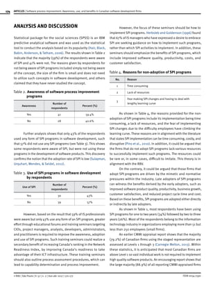 174
ISSN 0034-7590
ARTICLES | Software process improvement: Awareness, use, and benefits in Canadian software development firms
© RAE | São Paulo | V. 57 | n. 2 | mar-abr 2017 | 170-177
ANALYSIS AND DISCUSSION
Statistical package for the social sciences (SPSS) is an IBM
predictive analytical software and was used as the statistical
tool to conduct the analysis based on its popularity (Hair, Black,
Babin, Anderson, & Tatham, 2006). The results shown in Table 2
indicate that the majority (59%) of the respondents were aware
of SPI and 41% were not. The reasons given by respondents for
not being aware of SPI programs included simply not being aware
of the concept, the size of the firm is small and does not need
to utilize such concepts in software development, and others
claimed that they have never studied the concept.
Table 2.		Awareness of software process improvement
programs
Awareness
Number of
respondents
Percent (%)
Yes 41 59.4%
No 28 40.6%
Further analysis shows that only 43% of the respondents
used any form of SPI programs in software development, such
that 57% did not use any SPI programs (see Table 3). This shows
some respondents were aware of SPI, but were not using these
programs in the development of software products. This discovery
confirms the notion that the adoption rate of SPI is low (Sulayman,
Urquhart, Mendes, & Seidel, 2012).
Table 3. 	Use of SPI programs in software development
by respondents
Use of SPI
Number of
respondents
Percent (%)
Yes 30 43%
No 39 57%
However, based on the result that 59% of IS professionals
were aware but only 43% use any form of an SPI program, greater
effort through educational forums and training seminars targeting
CIOs, project managers, analysts, developers, administrators,
and practitioners is required to improve the awareness, adoption
and use of SPI programs. Such training seminars could realize a
secondary benefit of increasing Canada’s ranking in the Network
Readiness Index, by improving Canada’s readiness to take
advantage of their ICT infrastructure. These training seminars
should also outline process assessment procedures, which can
lead to capability determination and process improvement.
However, the focus of these seminars should be how to
implement SPI programs. Herbsleb and Goldenson (1996) found
that 67% of IS managers who have expressed a desire to embrace
SPI are seeking guidance on how to implement such programs,
rather than which SPI activities to implement. In addition, these
seminars should emphasize the benefits of SPI programs, which
include improved software quality, productivity, costs, and
customer satisfaction.
Table 4. 	Reasons for non-adoption of SPI programs
No. Reason
1 Time consuming
2 Lack of resources
3
Fear making SPI changes and having to deal with
lengthy learning curve
As shown in Table 4, the reasons provided for the non-
adoption of SPI programs include its implementation being time
consuming, a lack of resources, and the fear of implementing
SPI changes due to the difficulty employees have climbing the
learning curve. These reasons are in alignment with the literature
that statesSPI implementation can be time consuming, costly, and
disruptive (Pino et al., 2010). In addition, it could be argued that
the firms that do not adopt SPI programs lack various resources
to successfully implement such programs. The resources could
be rare or, in some cases, difficult to imitate. This theory is in
alignment with the RBV.
On the contrary, it could be argued that those firms that
adopt SPI programs are driven by the mimetic and normative
pressures within the industry. Late adopters of SPI programs
can witness the benefits derived by the early adopters, such as
improved software product quality, productivity, business growth,
customer satisfaction, and reduced project cycle time and cost.
Based on these benefits, SPI programs are adopted either directly
or indirectly by late adopters.
As shown in Table 1, most respondents have been using
SPI programs for one to two years (34%) followed by two to three
years (26%). Most of the respondents belong to the information
technology industry in organizations employing more than 51 but
less than 250 employees (small firms).
An earlier CMMI appraisal report shows that the majority
(79.2%) of Canadian firms using the staged representation are
assessed at Levels 1 through 3 (Carnegie Mellon, 2013). Within
these statistics, it is anticipated that most Canadian firms are
above Level 1 so vast individual work is not required to implement
high quality software products. An encouraging report shows that
the large majority (88.9%) of all reporting CMMI appraised firms
 