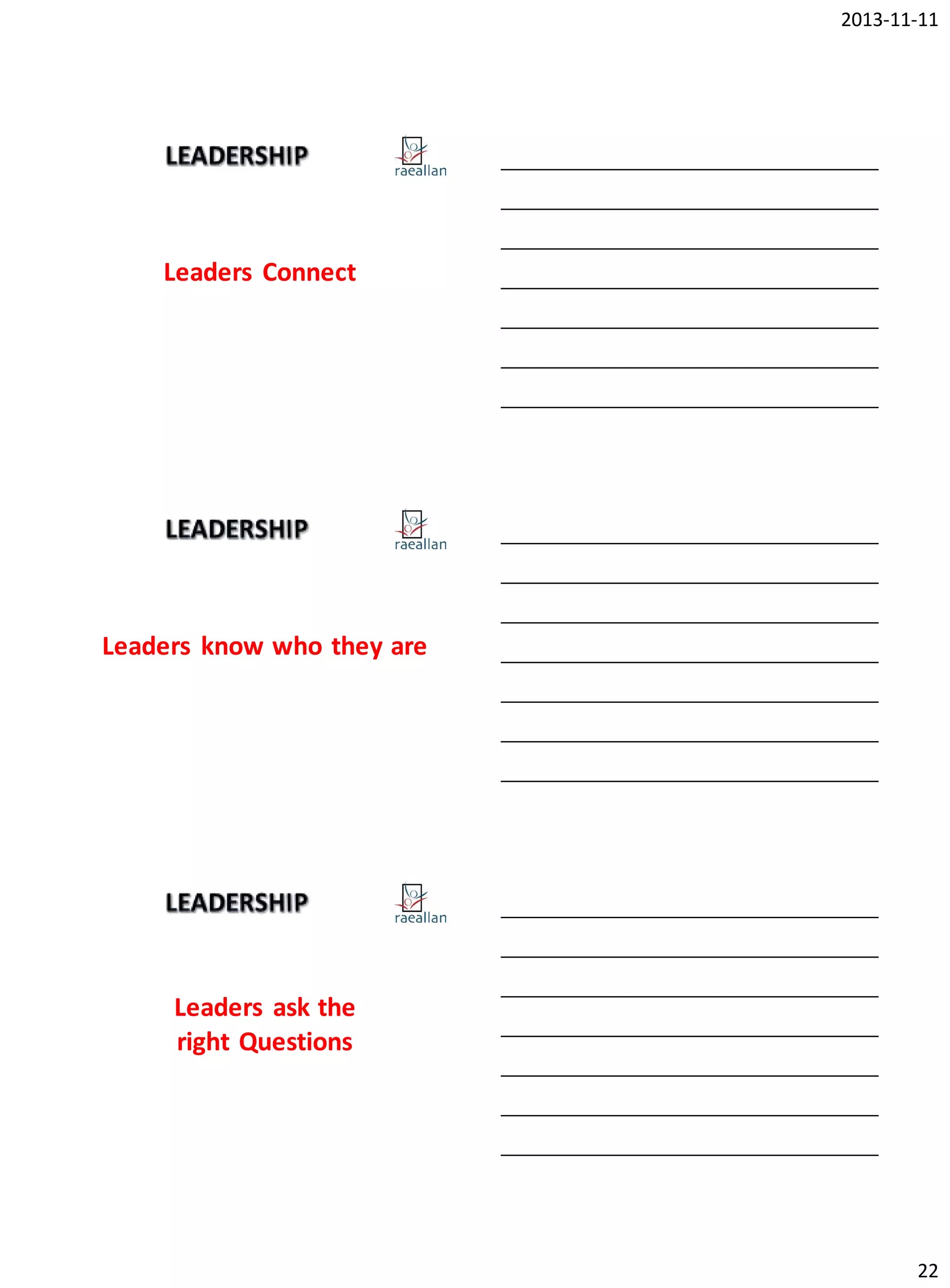 2013-11-11

Leaders Connect

Leaders know who they are

Leaders ask the
right Questions

22

 