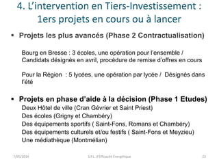 4. L’intervention en Tiers-Investissement : 
1ers projets en cours ou à lancer 
 Projets les plus avancés (Phase 2 Contractualisation) 
Bourg en Bresse : 3 écoles, une opération pour l’ensemble / 
Candidats désignés en avril, procédure de remise d’offres en cours 
Pour la Région : 5 lycées, une opération par lycée / Désignés dans 
l’été 
 Projets en phase d’aide à la décision (Phase 1 Etudes) 
Deux Hôtel de ville (Cran Gévrier et Saint Priest) 
Des écoles (Grigny et Chambéry) 
Des équipements sportifs ( Saint-Fons, Romans et Chambéry) 
Des équipements culturels et/ou festifs ( Saint-Fons et Meyzieu) 
Une médiathèque (Montmélian) 
7/05/2014 S.P.L. d'Efficacité Énergétique 23 
 