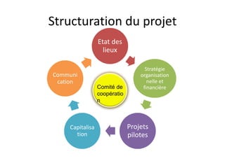Structuration du projet 
Etat des 
lieux 
Stratégie 
organisation 
nelle et 
financière 
Projets 
pilotes 
Communi 
cation 
Capitalisa 
tion 
Comité de 
coopératio 
n 
 