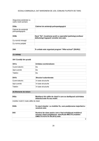cadre medii sanitare
D39a
D39b
defectolog/ logoped/ consilier etc) este:
D40 În unitate este organizat program "After-school" (DA/NU):
D41a Unitatea coordonatoare:
Curent electric Da
Da
Telefon Da
D41b Structuri subordonate:
Curent electric în toate structurile
în toate structurile
Telefon în toate structurile
(4) Elemente de dotare
D42a
D42b
acestuia este:
D43
OMECTS 4310 /01.06.2012) este:
2
20
SCOALA GIMNAZIALA, SAT MARGINENII DE JOS, COMUNA FILIPESTII DE TARG
 