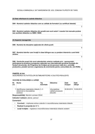 PARTE A II-A
Nr.
crt.
Nume Tip
Activitate
Obiective
început
1 identificarea materialului didactic
deteriorat si inbunatatirea
acestuia
3, 3 inbunatatirea
calitatii procesului
educativ
02.06.2015 15.06.2015
Membrii comisiei CEAC
Indicatori realizare: planse, panouri
Comentarii:
• Concluzii: - implicarea activa a elevilor in reconditionarea materialului didactic
• 40 %
• - ingrijirea si reconditionarea materialului didactic existent
(2) Date referitoare la cadrele didactice
2
sau auxiliare didactice cu ISBN / ISSN:
1
0
0
(3) Aspecte manageriale
9
37
SCOALA GIMNAZIALA, SAT MARGINENII DE JOS, COMUNA FILIPESTII DE TARG
 