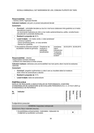 PARTEA A III-A
21/18.01.2007
Nr.
crt.
Indicator
Nesatisfacator
Satisfacator
Bine
Foartebine
Excelent
1 Accesibilitatea echipamentelor, materialelor, mijloacelor de
x
- director
- membru CEAC Tiganoaia Daniela
Indicatori realizare: cel putin un proiect educational derulat
Comentarii:
• Concluzii: - activitatile derulate au dus la o mai buna colaborare intre gradinita ca si mediu
educational si parinti.
se recomanda implicarea pe viitor a mai multor parteneri(biserica, politie, consiliul local,)
educationali in proiectele desfasurate.
• 50 %
• - Un mediu verde, o viata sanatoasa!
- Universul copilariei
- Hrana sanatoasa pentru un corp sanatos
- Ramas bun gradinita
3 inbunatatirea eficientei evaluarii
rezultatelor scolare la gimnaziu
Chestionar de
evaluare a
beneficiarilor
corectarea
valorii
indicatorului
"evaluarea
rezultatelor
scolare"
02.03.2015 02.06.2015
- director
-responsabilul comisiei metodice
- profesorii de matematica si limba romana
Indicatori realizare: obtinerea unei promovabilitati mai mari pentru elevii inscrisi la evaluarea
nationala
Comentarii:
• Concluzii: pregatire suplimentara cu elevii care au rezultate slabe la invatatura
teste online de autoevaluare a elevilor
• 10 %
• teste de autoevaluare
39
SCOALA GIMNAZIALA, SAT MARGINENII DE JOS, COMUNA FILIPESTII DE TARG
 