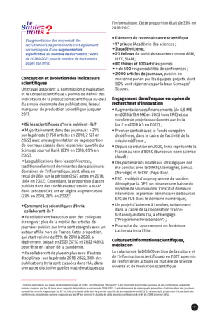 L’augmentation des moyens et des
recrutements de permanents s’est également
accompagnée d’une augmentation
significative du nombre de doctorants : +23%
de 2018 à 2021 pour le nombre de doctorants
payés par Inria.
Conception et évolution des indicateurs
scientifiques
Un travail associant la Commission d’évaluation
et le Conseil scientifique a permis de définir des
indicateurs de la production scientifique au-delà
du simple décompte des publications, le seul
marqueur de production scientifique jusqu’en
2017.
 Où les scientifiques d’Inria publient-ils ?
→ Majoritairement dans des journaux : + 21%
sur la période (1 758 articles en 2018, 2 127 en
2022) avec une augmentation de la proportion
de journaux classés dans le premier quartile du
Scimago Journal Rank (63% en 2018, 69% en
2022).
→ Les publications dans les conférences,
traditionnellement dominantes dans plusieurs
domaines de l’informatique, sont, elles, en
recul de 26% sur la période (2527 actes en 2018,
1864 en 2022). Cependant, la proportion d’actes
publiés dans des conférences classées A ou A*
dans la base CORE est en légère augmentation
(23% en 2018, 26% en 2022)1
.
 
Comment les scientifiques d’Inria
collaborent-ils ?
→ Ils collaborent beaucoup avec des collègues
étrangers : plus de la moitié des articles de
journaux publiés par Inria sont cosignés avec un
auteur affilié hors de France. Cette proportion,
qui était voisine de 55% de 2018 à 2020, a
légèrement baissé en 2021 (52%) et 2022 (49%),
peut-être en raison de la pandémie.
→ Ils collaborent de plus en plus avec d’autres
disciplines : sur la période 2018-2022, 38% des
publications Inria sont classées dans HAL dans
une autre discipline que les mathématiques ou
l’informatique. Cette proportion était de 33% en
2016-2017.
 Eléments de reconnaissance scientifique
→ 
17 prix de l’Académie des sciences ;
→ 
3 académiciens ;
→ 20 Fellows de sociétés savantes comme ACM,
IEEE, SIAM ;
→ 
80 thèses et 300 articles primés ;
→ 
+ de 500 responsabilités de conférences ;
→ 
2 000 articles de journaux, publiés en
moyenne par an par les équipes-projets, dont
90% sont répertoriés par la base Scimago/
Scopus.
Engagement dans l’espace européen de
recherche et d’innovation
 Augmentation des financements (de 6,8 M€
en 2018 à 13,4 M€ en 2022 hors ERC) et du
nombre de projets coordonnés par Inria
(de 2 en 2018 à 5 en 2022) ;
 Premier contrat avec le Fonds européen
de défense, dans le cadre de l’activité de la
mission défense ;
 Depuis sa création en 2020, Inria représente la
France au sein d’EOSC (European open science
cloud) ;
 Des partenariats bilatéraux stratégiques ont
été conclus avec le DFKI (Allemagne), Simula
(Norvège) et le CWI (Pays-Bas) ;
 ERC : en dépit d’un programme de soutien
déployé par la DPE, on observe une baisse du
nombre de soumissions. L’institut demeure
néanmoins le premier bénéficiaire de bourses
ERC de l’UE dans le domaine numérique ;
 Un projet d’antenne à Londres, notamment
dans le cadre de la coopération franco-
britannique dans l’IA, a été engagé
(“Programme Inria London”) ;
 
Poursuite du rayonnement en Amérique
Latine via Inria Chile.
Culture et information scientifiques,
médiation
La création de la DCIS (Direction de la culture et
de l’information scientifiques) en 2022 a permis
de renforcer les actions en matière de science
ouverte et de médiation scientifique.
1
Comme alternative aux bases de données Scimago et CORE, un référentiel “déclaratif” a été constitué à partir des journaux et des conférences présentés
comme majeurs par les EP dans leurs rapports de synthèse quadriennale 2018-2022. Il est intéressant de noter que la proportion d’articles dans des journaux
considérés comme majeurs par les EP est très proche de celle dans le premier quartile de Scimago (environ 65%). En revanche, la proportion d’actes dans des
conférences considérées comme majeures par les EP est environ le double de celle dans les conférences A et A* de CORE (environ 46%).
7
 
